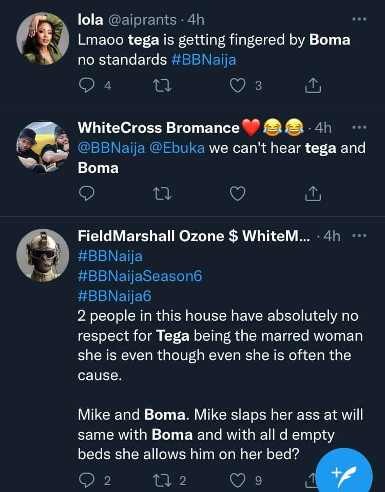 #BBNaija: Shameful for a married woman - Nigerians react to clip of Boma and Tega under the duvet during lights out (video)