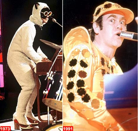 LEFT: Honky cat. A little costume drama of the furry kind in the early days. RIGHT: Going for gold. A glittering display from the Rocket Man.