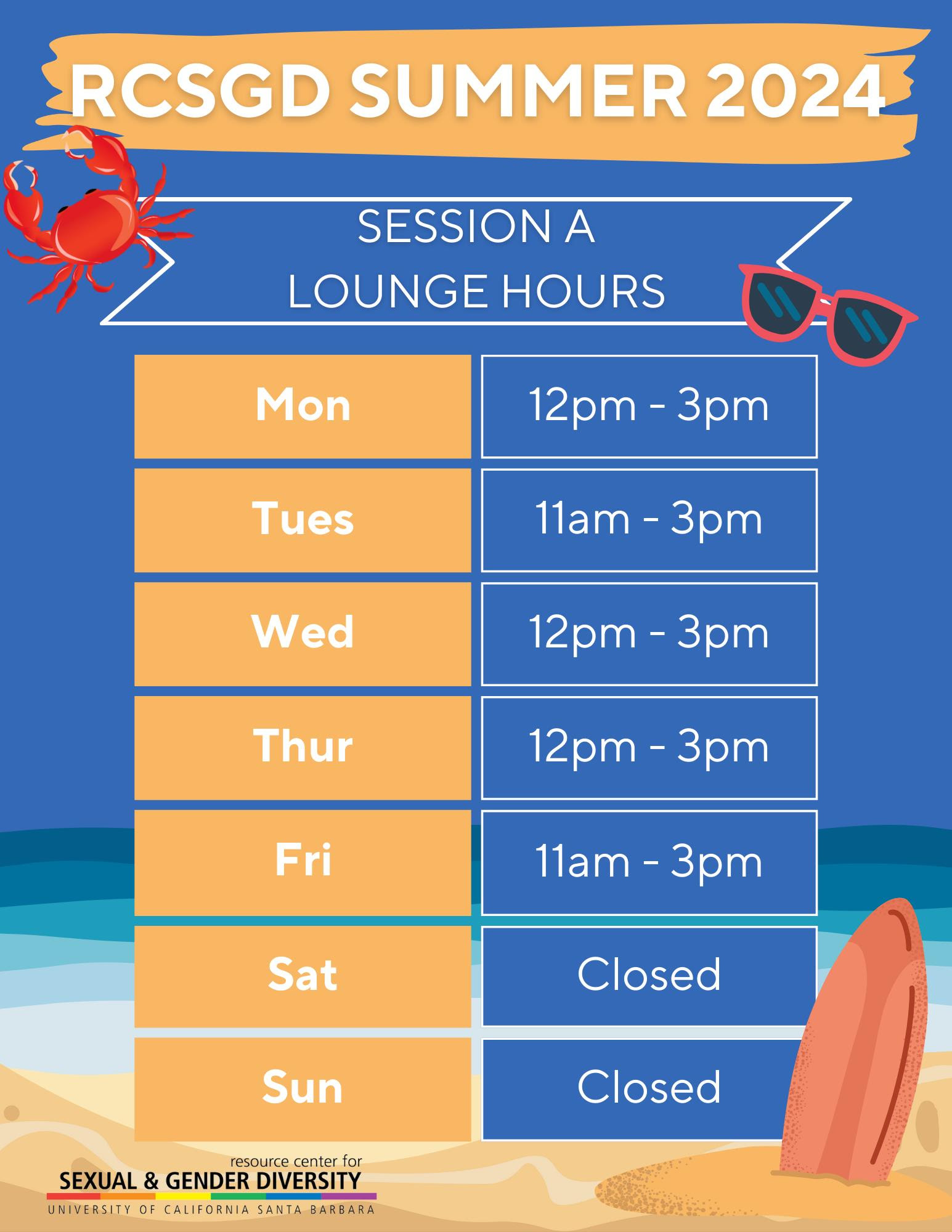 A summer beach scene with RCSGD's Summer Hours for Session A. They are open Monday, Wednesday, and Thursday from 12pm-3pm and Tuesday and Friday from 11am-3pm.