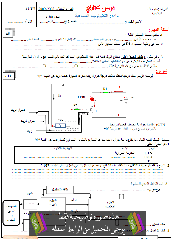 فرض رقم 1 في التكنولوجيا الصناعية الدورة الثانية مع التصحيح – الثالثة إعدادي Technologie-devoir1-t2