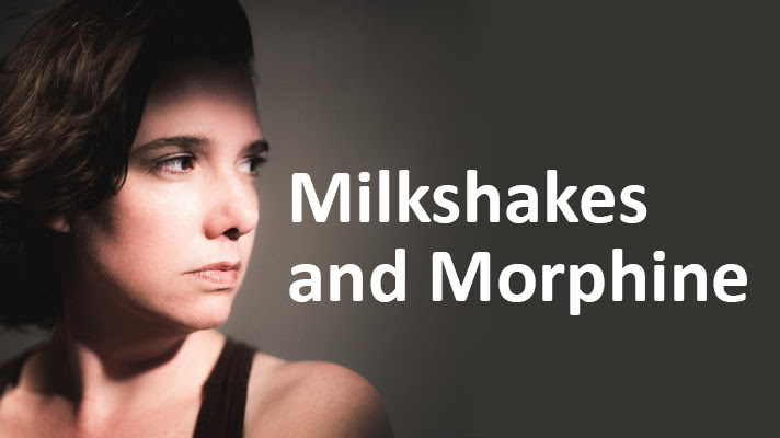 A portrait of actor Mia McCullough alongside white text that reads Milkshakes and Morphine
