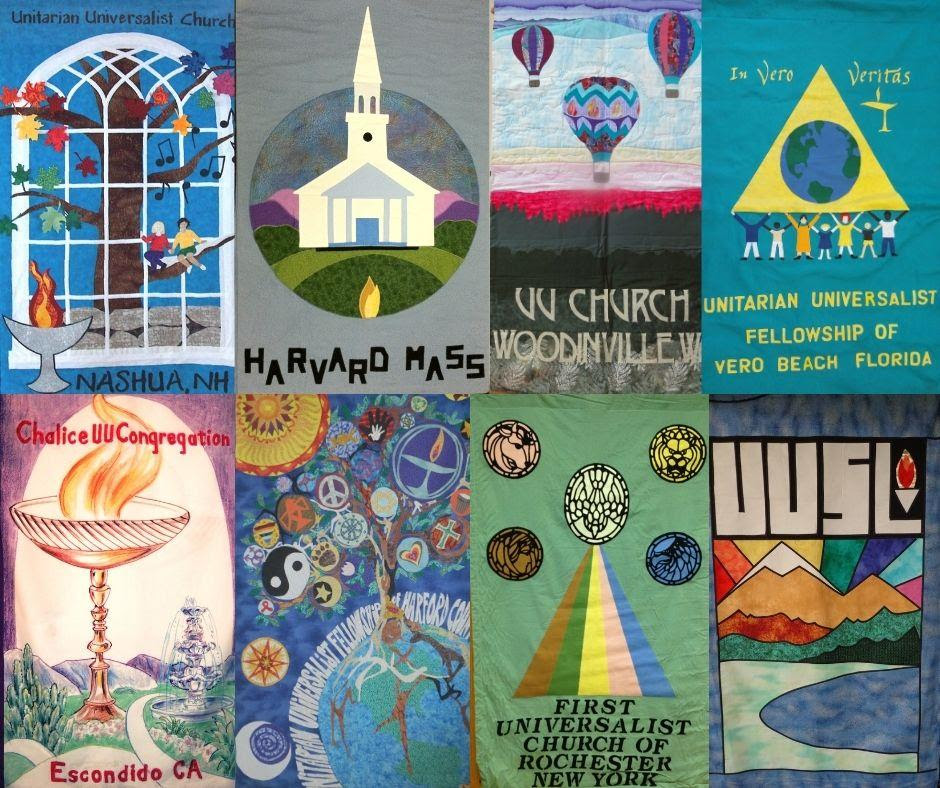 A collection of colorful banners of UU Congregations