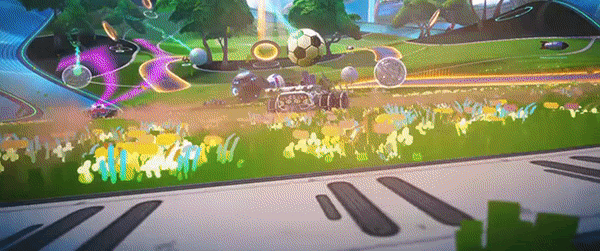 GIF que muestra autos golpeando pelotas de golf en el campo y disparándose cohetes entre sí