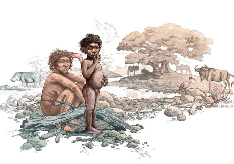 Reconstrucción del entorno del yacimiento con 'Garba', representado en la ilustración como una niña, y su madre