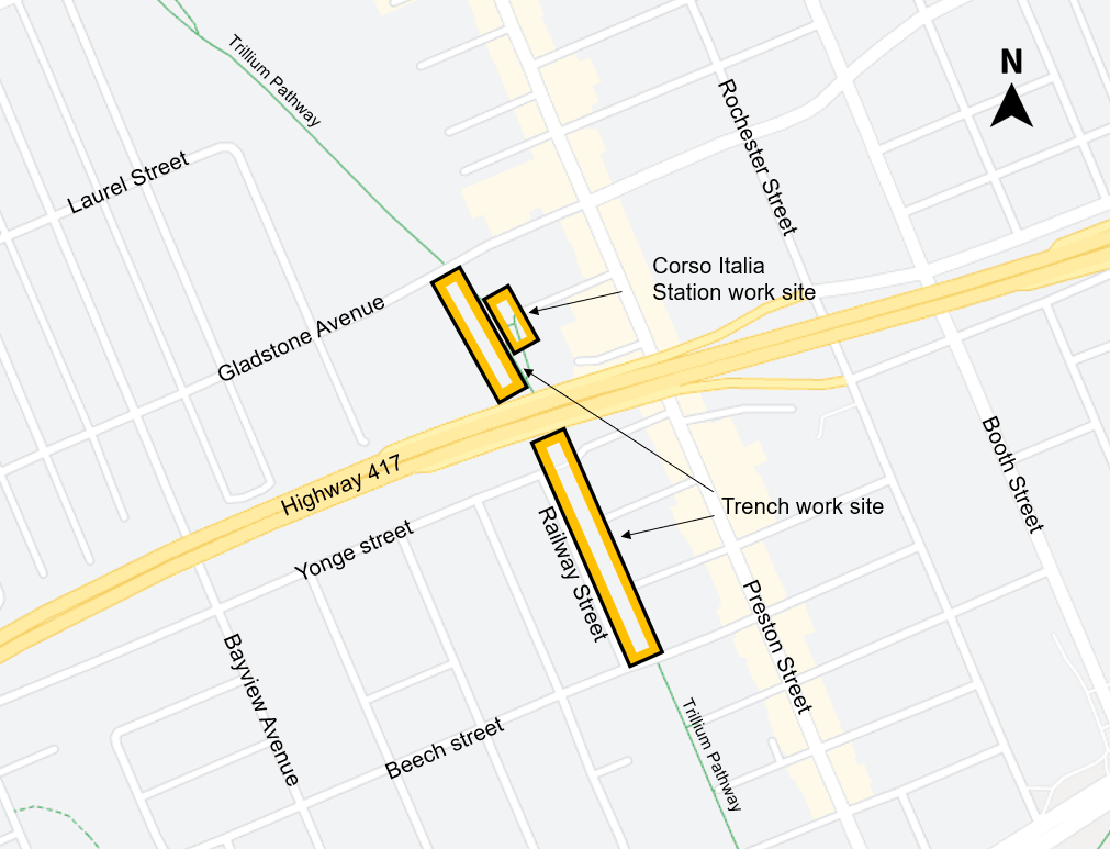 A map showing the location of work sites at Corso Italia Station, located on the Trillium Rail alignment north of the 417, and the Trench, which is located along the Trillium Rail alignment south of the 417.