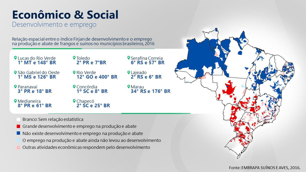 Mapa térmico dos empregos na avicultura brasileira: quanto mais realçada a cor, maior a concentração de empregos na região. Fonte: ABPA DATA (2021)