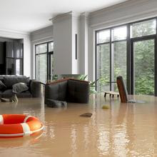 Flooded living room with sofa, armchairs and life buoy floating on water.