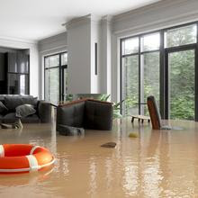 Flooded living room with sofa, armchairs and life buoy floating on water. Flooded living room with sofa, armchairs and life buoy floating on water.