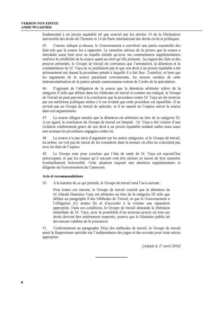 Decision du groupe de travail des nations unis sur la Detention arbitraire demandant la liberation de Marafa Hamidou Yaya