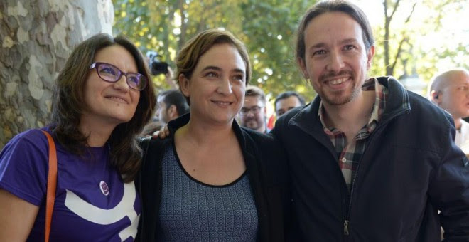 4. Monica Oltra, Ada Colau y Pablo Iglesias, en la manifestación contra la violencia machista en Madrid. PÚBLICO