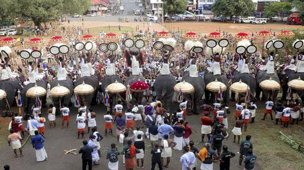  Thrissur Pooram procession, held without people’s participation amid Covid-19 pandemic, in Thrissur, Friday, April 23, 2021. Authorities cancelled the Pooram fireworks events after a branch of a tree fell over the Madathil Varavu procession. 