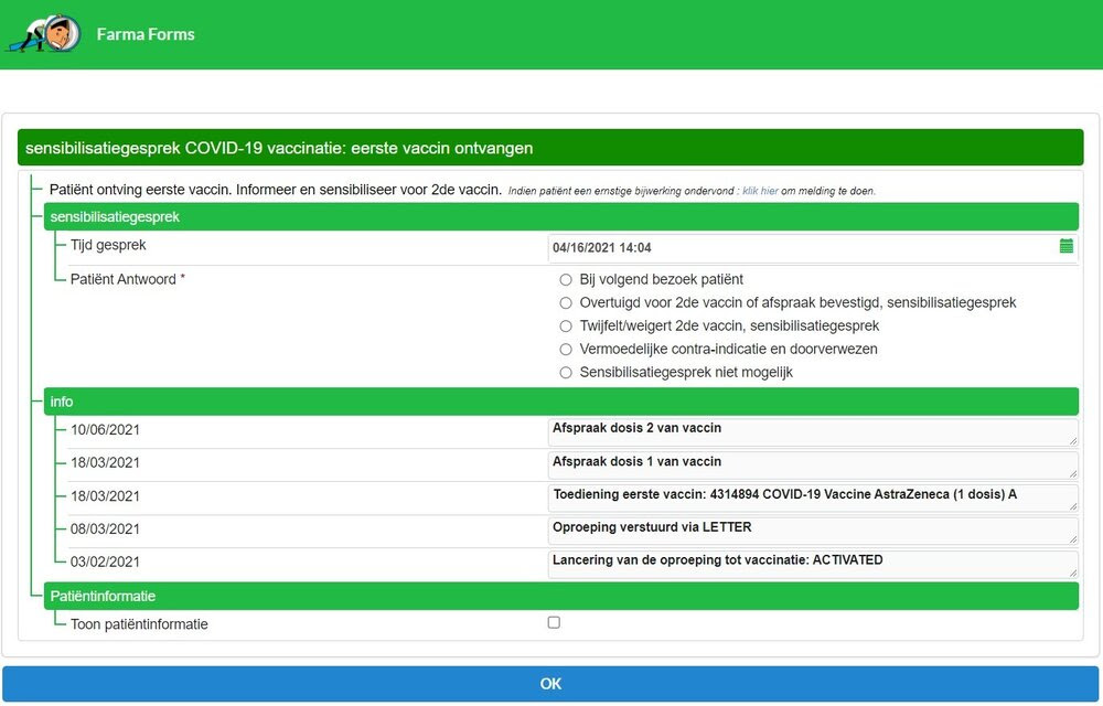 Voorbeeld van pop-up in de software waar de patiënt al 1 vaccin heeft ontvangen.