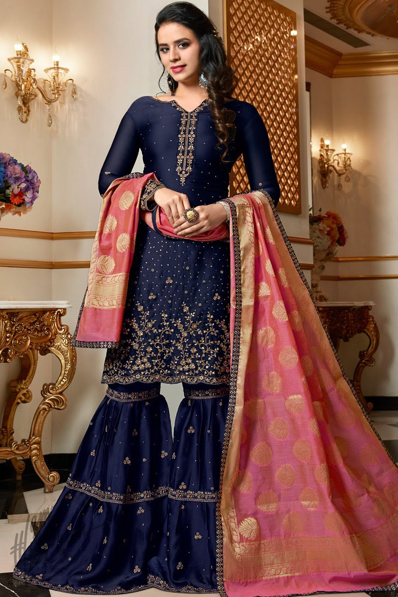 Midnight Blue and Onion Pink Satin Georgette Sharara Suit