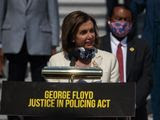 House Speaker Nancy Pelosi of Calif., joined by House Democrats spaced for social distancing, speaks during a news conference on the House East Front Steps on Capitol Hill in Washington, Thursday, June 25, 2020, ahead of the House vote on the George Floyd Justice in Policing Act of 2020. (AP Photo/Carolyn Kaster)