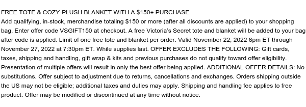 11.23-11.27 8pm Free VS BF Tote & Blanket w/ $150+ Purchase