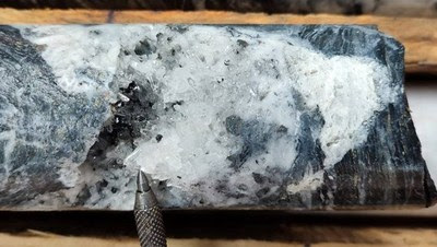 Figure 4. Drill core pending assay from hole DH302 at 353 m shows silver-sulfide mineralization from Las Peñas vein. (CNW Group/Outcrop Silver & Gold Corporation)