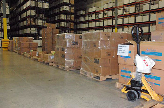 Wooden pallets containing public health emergency supplies inside the CDC's Strategic National Stockpile
