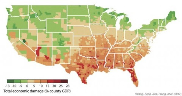 Projected economic damage
                                        by county between 2080 and 2099
                                        if the United States continues a
                                        “business-as-usual” approach to
                                        carbon dioxide emissions.
                                        (Hsiang, Kopp, Jina, Rising, et
                                        al.)