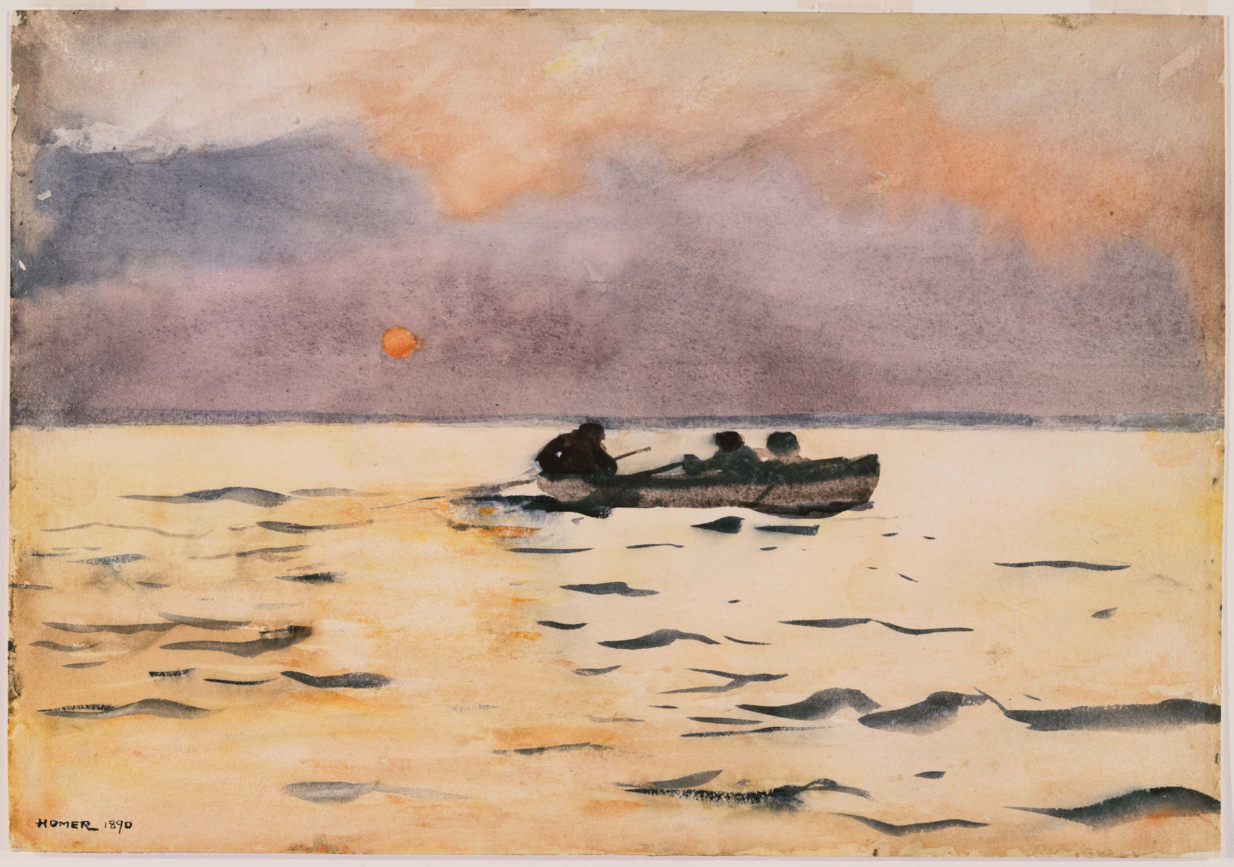 Watercolor painting of rowers by Winslow Homer. Orange tones and a sunset scene. Rowing art.