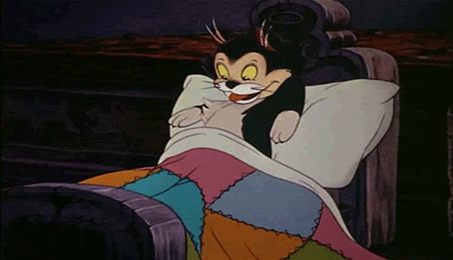 An animated gif of a cartoon cat settling down into cat-sized human bed.