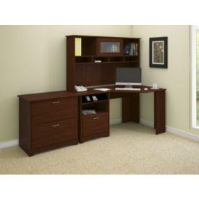 Bush Furniture Cabot Corner Desk with Hutch and Lateral File in Harvest Cherry Finish