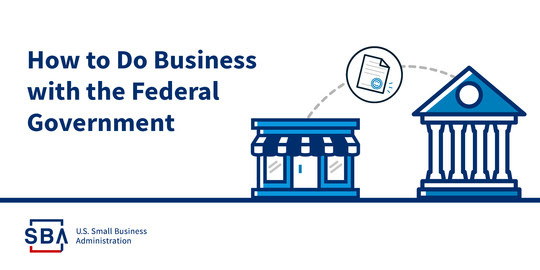 A business storefront and government building with the SBA logo in the corner.  The text reads, How to Do Business with the Federal Government