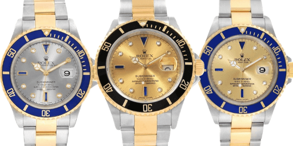 Rolex Submariner Steel Gold Diamond Sapphire Serti Watches with Slate and Champagne Dials