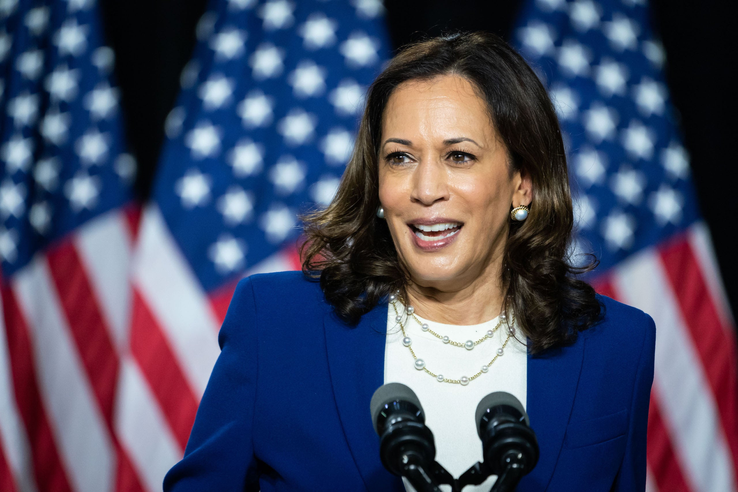 A photo of Kamala Harris speaking at a podium with American flags behind her 