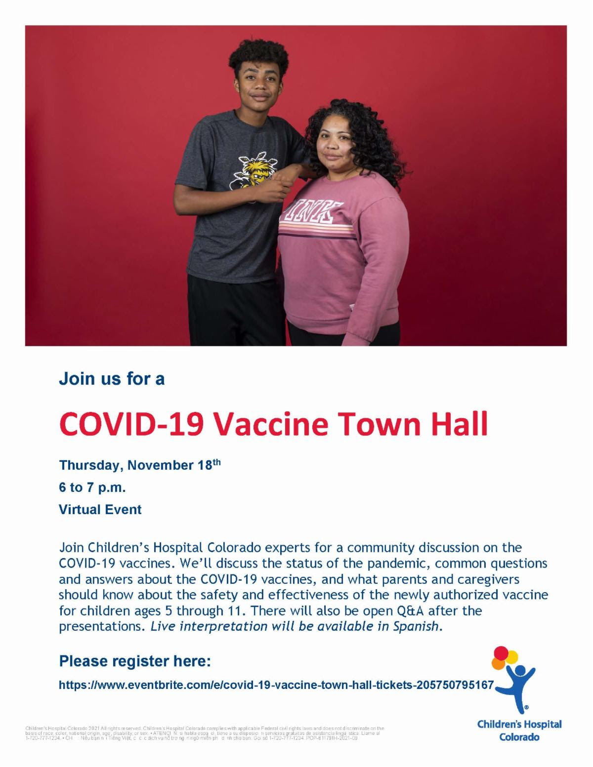 COVID -19 Vaccine Town Hall virtual meeting on Nov 18 from 6-7pm by The Children's Hospital 