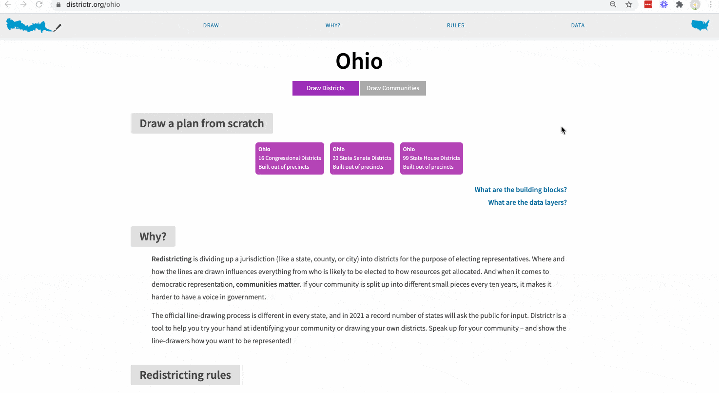 To research why district boundaries were drawn around Grafton, Ohio we used the DistrictR a free, public web tool for districting and community identification, from the MGGG Redistricting Lab.