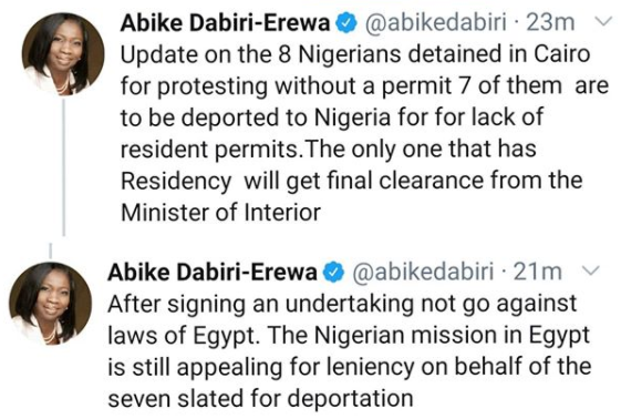 Seven Nigerians who participated in?#EndSARS?protest in Egypt face deportation- Abike Dabiri-Erewa