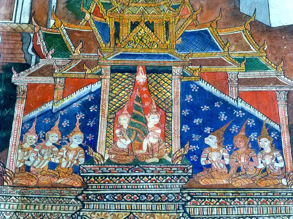 Painting of buddhist marriage in temple.