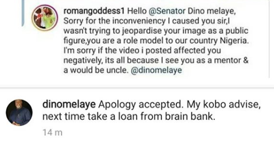 "Next time take a loan from a brain bank"- Dino Melaye blasts Roman Goddess as he accepts her apology