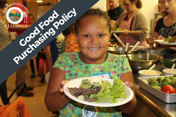 The Good Food Purchasing Policy is a Primary Issue - Photo of young girl smiling, holding up locally sourced lunch.