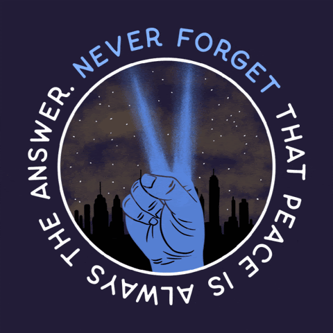 Image of someone holding up a peace sign with the two fingers resembling the twin towers. The words "never forget that peace is always the answer"