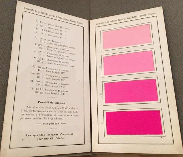 Swatches of Rhodamine B on wool at various concentrations of dye by weight of fabric