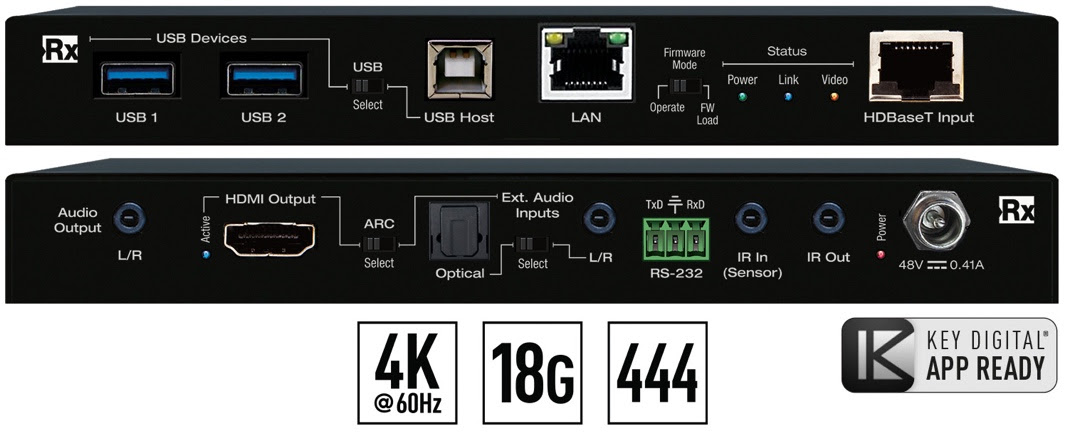 HDBaseT Receiver. Front and back picture.