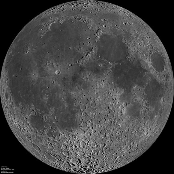 Composite image of the lunar nearside taken by the Lunar Reconnaissance Orbiter in June 2009. Note the presence of dark areas of maria on this side of the moon. Image credit: NASA